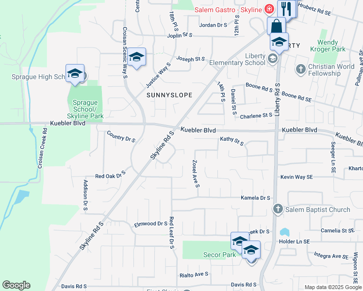 map of restaurants, bars, coffee shops, grocery stores, and more near 1839 Skyline Court South in Salem