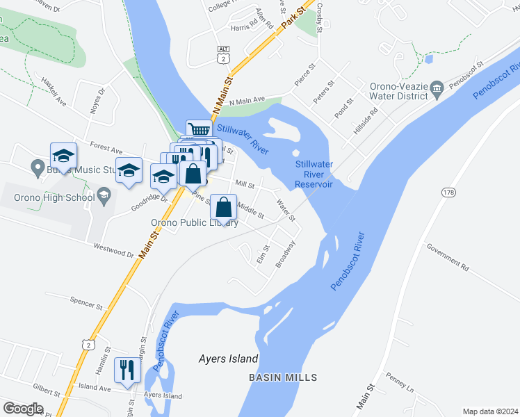 map of restaurants, bars, coffee shops, grocery stores, and more near 50 Pine Street in Orono