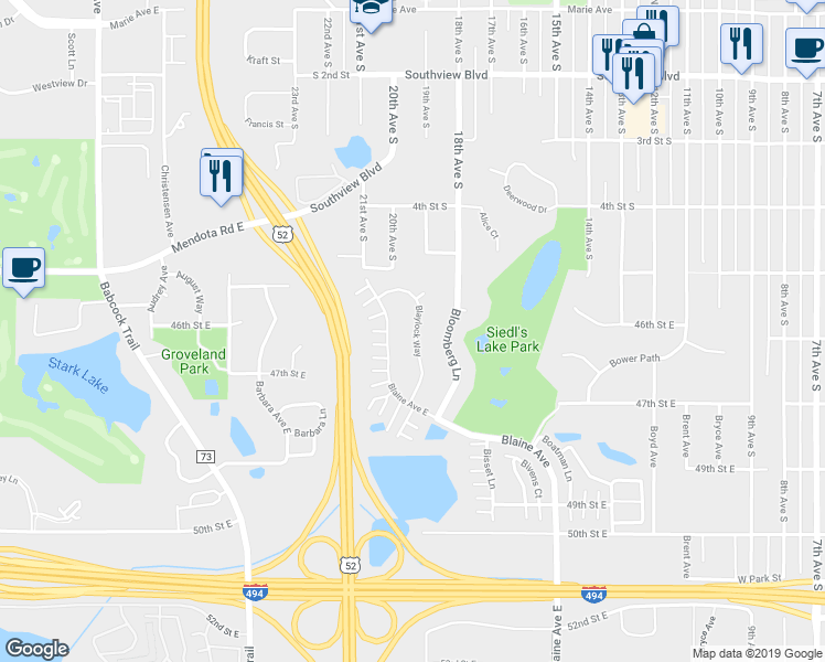 map of restaurants, bars, coffee shops, grocery stores, and more near 4663 Blaylock Way in Inver Grove Heights