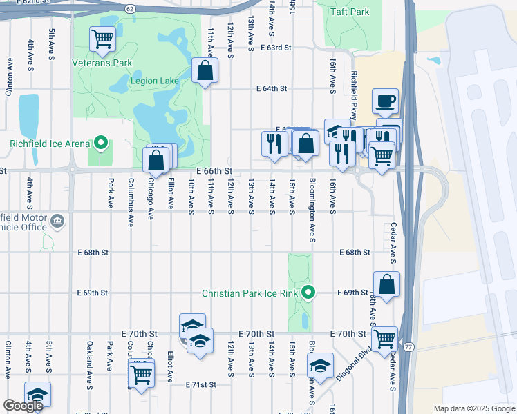map of restaurants, bars, coffee shops, grocery stores, and more near 6701 13th Avenue South in Minneapolis