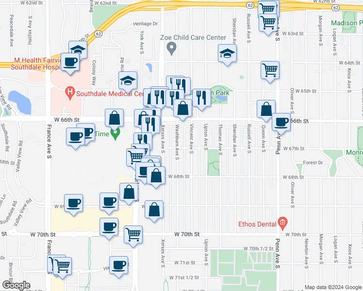 map of restaurants, bars, coffee shops, grocery stores, and more near 6645 Washburn Avenue South in Minneapolis