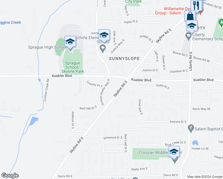map of restaurants, bars, coffee shops, grocery stores, and more near 5135 Skyline Road South in Salem