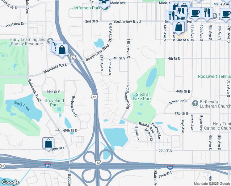 map of restaurants, bars, coffee shops, grocery stores, and more near 4663 Blaylock Way in Inver Grove Heights