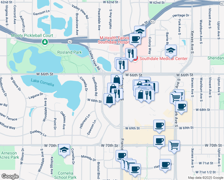 map of restaurants, bars, coffee shops, grocery stores, and more near 6600 France Avenue South in Minneapolis