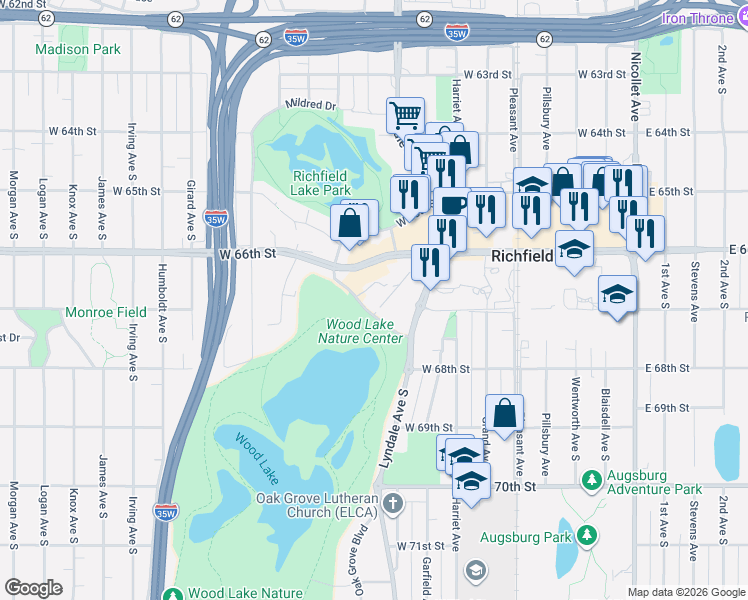 map of restaurants, bars, coffee shops, grocery stores, and more near 6701 Lake Shore Drive South in Minneapolis