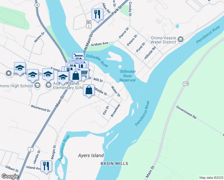 map of restaurants, bars, coffee shops, grocery stores, and more near 19 James Street in Orono
