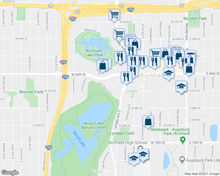 map of restaurants, bars, coffee shops, grocery stores, and more near 6701 Lake Shore Drive South in Minneapolis