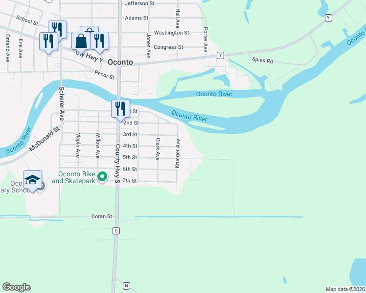 map of restaurants, bars, coffee shops, grocery stores, and more near 702 5th Street in Oconto