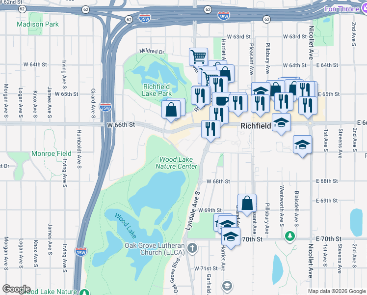 map of restaurants, bars, coffee shops, grocery stores, and more near 6701 Lake Shore Drive South in Minneapolis