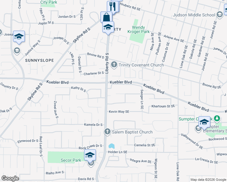 map of restaurants, bars, coffee shops, grocery stores, and more near 150 Kanuku Court Southeast in Salem