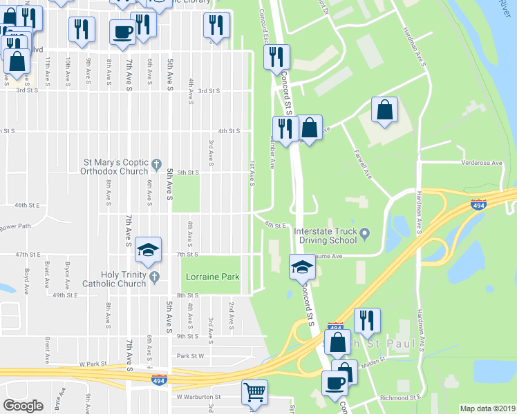 map of restaurants, bars, coffee shops, grocery stores, and more near 605 1st Avenue South in South Saint Paul