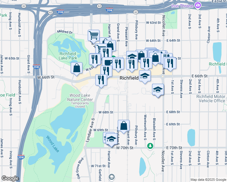 map of restaurants, bars, coffee shops, grocery stores, and more near 6700 Grand Avenue South in Minneapolis