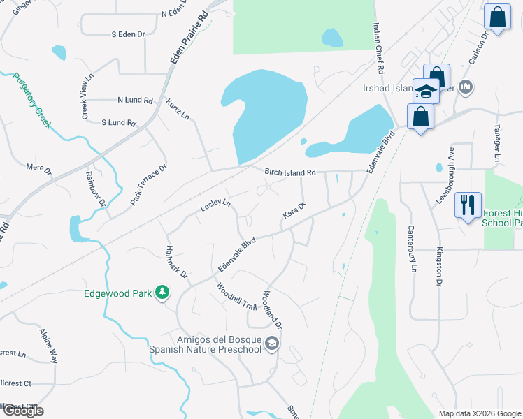 map of restaurants, bars, coffee shops, grocery stores, and more near 6694 Kara Drive in Eden Prairie