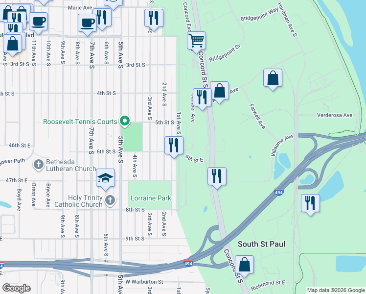 map of restaurants, bars, coffee shops, grocery stores, and more near 553 1st Ave S in South St Paul