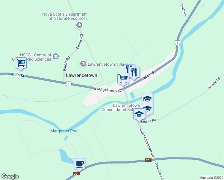 map of restaurants, bars, coffee shops, grocery stores, and more near 535 Main Street in Lawrencetown