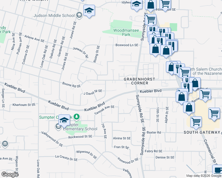 map of restaurants, bars, coffee shops, grocery stores, and more near 706 J David Street Southeast in Salem