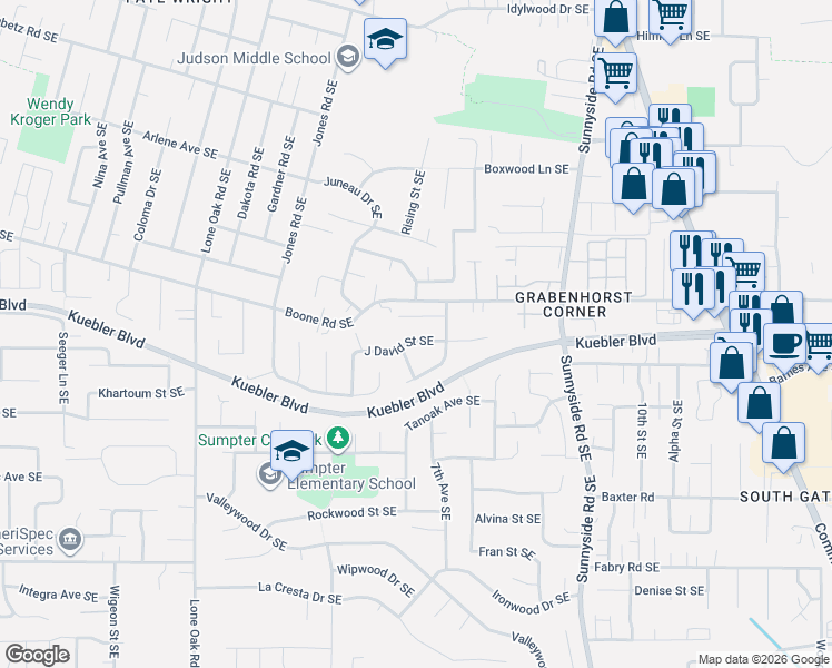 map of restaurants, bars, coffee shops, grocery stores, and more near 5049 Summerfield Drive Southeast in Salem