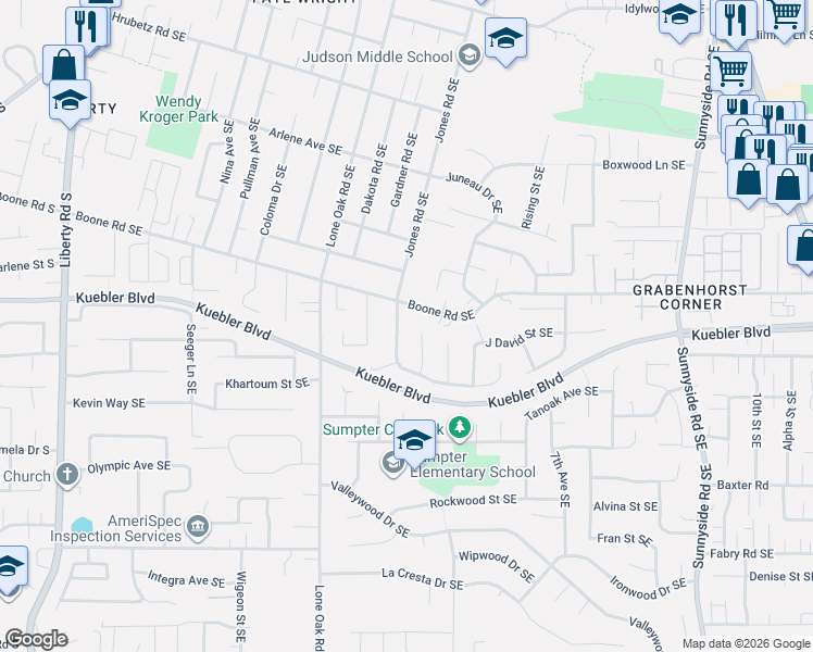 map of restaurants, bars, coffee shops, grocery stores, and more near 5088 Jones Road Southeast in Salem