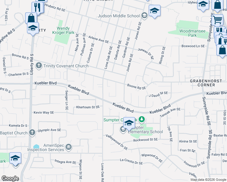 map of restaurants, bars, coffee shops, grocery stores, and more near 470 Dakota Court Southeast in Salem