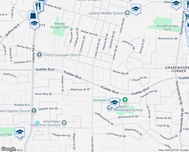 map of restaurants, bars, coffee shops, grocery stores, and more near 5084 Lone Oak Road Southeast in Salem