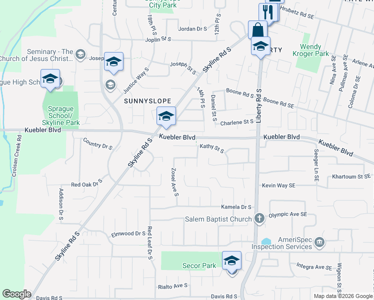 map of restaurants, bars, coffee shops, grocery stores, and more near 1640 Boehmer Street South in Salem