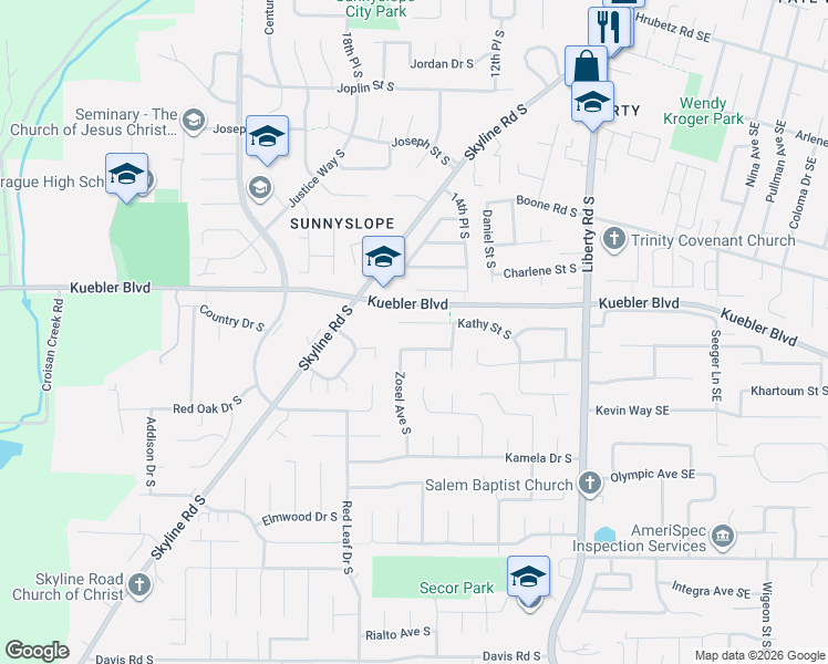 map of restaurants, bars, coffee shops, grocery stores, and more near 1640 Boehmer Street South in Salem