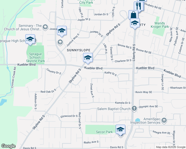 map of restaurants, bars, coffee shops, grocery stores, and more near 1640 Boehmer Street South in Salem