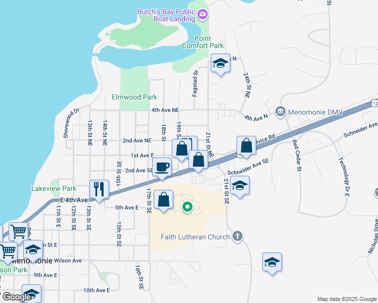 map of restaurants, bars, coffee shops, grocery stores, and more near 118 19th Street South in Menomonie