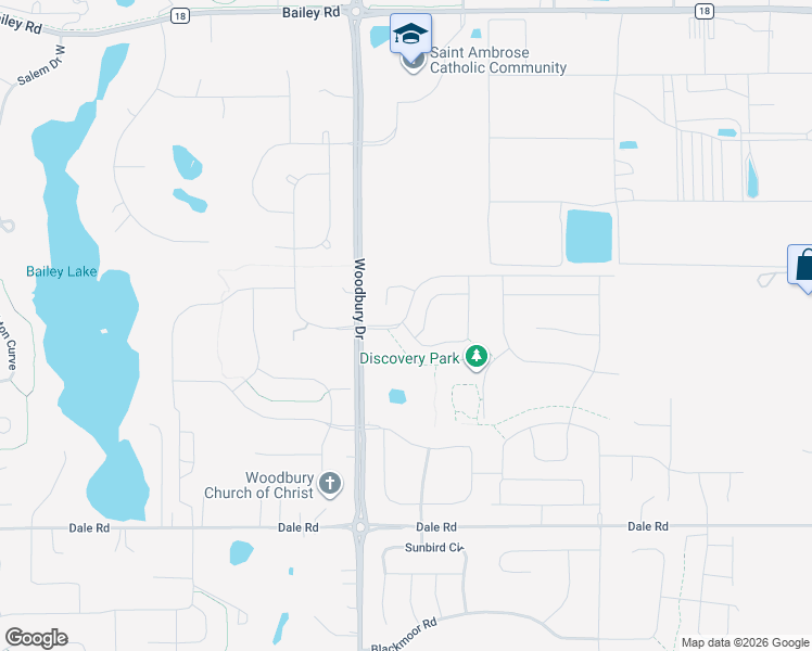 map of restaurants, bars, coffee shops, grocery stores, and more near 4545 Woodbury Drive in Woodbury