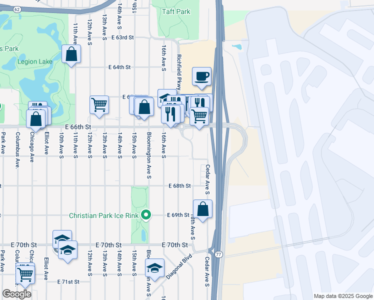 map of restaurants, bars, coffee shops, grocery stores, and more near 6636 Cedar Avenue in Richfield