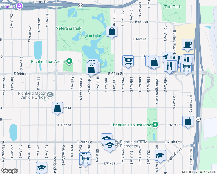 map of restaurants, bars, coffee shops, grocery stores, and more near 6700 11th Avenue South in Richfield