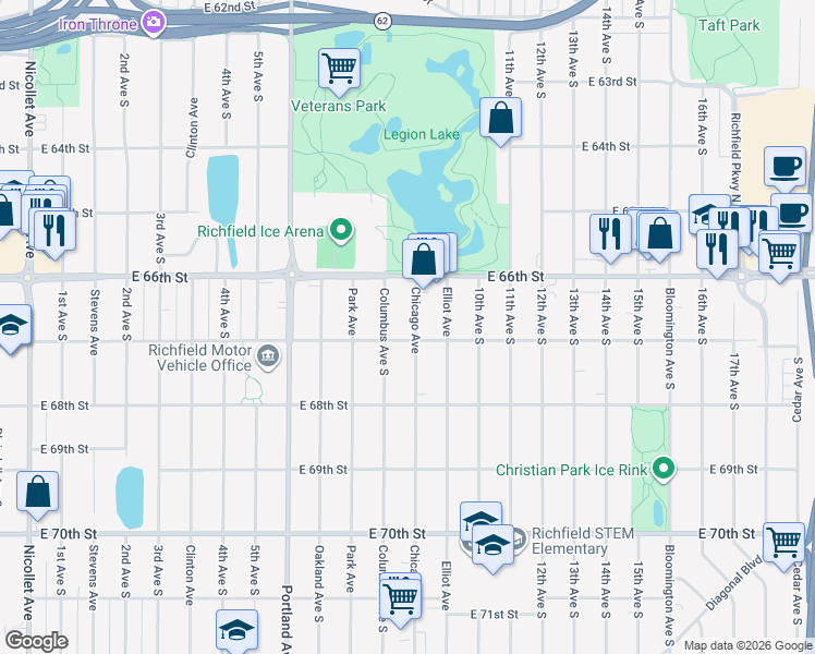 map of restaurants, bars, coffee shops, grocery stores, and more near 6701 Columbus Avenue in Minneapolis