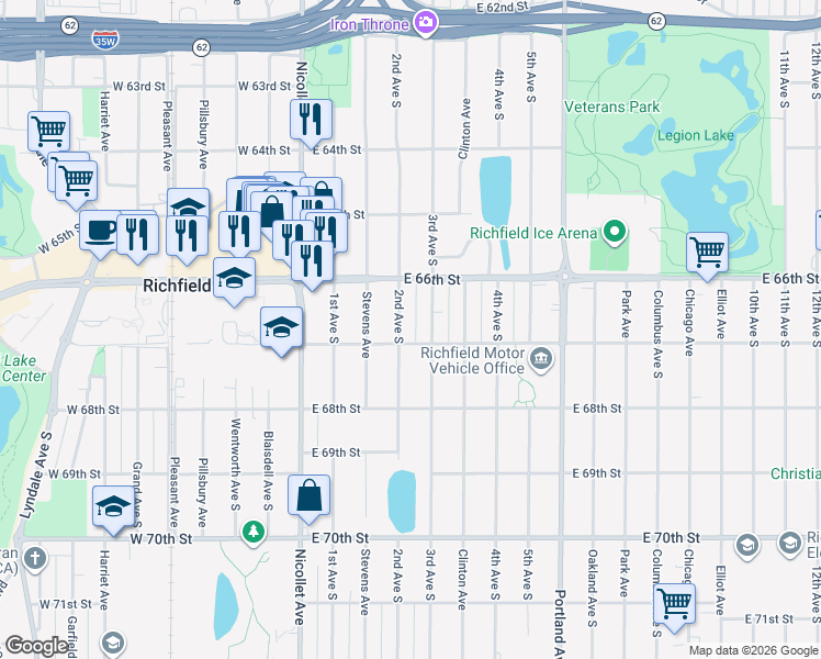 map of restaurants, bars, coffee shops, grocery stores, and more near 6700 2nd Avenue South in Richfield