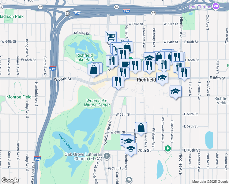 map of restaurants, bars, coffee shops, grocery stores, and more near 6715 Lake Shore Drive South in Minneapolis