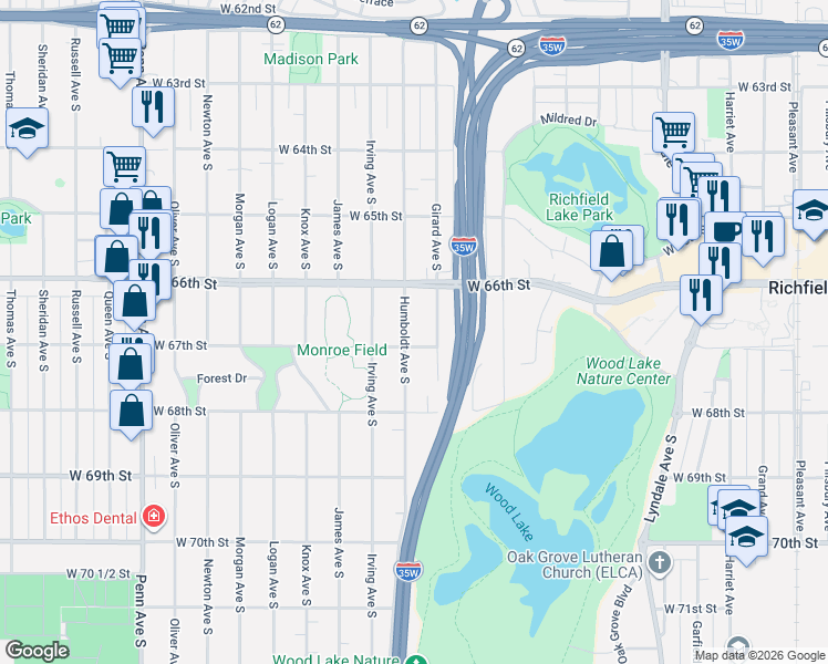 map of restaurants, bars, coffee shops, grocery stores, and more near 6700 Humboldt Avenue South in Minneapolis