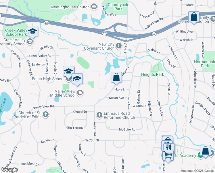 map of restaurants, bars, coffee shops, grocery stores, and more near 5829 Creek Valley Road in Edina