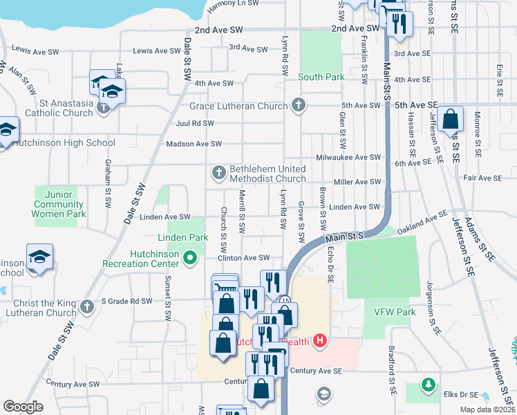 map of restaurants, bars, coffee shops, grocery stores, and more near 540 Linden Avenue Southwest in Hutchinson