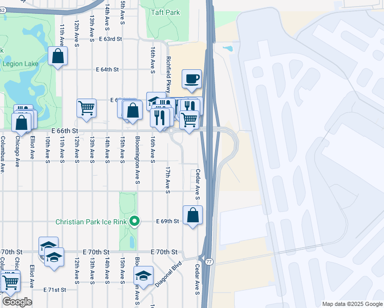 map of restaurants, bars, coffee shops, grocery stores, and more near 6636 Cedar Avenue in Richfield