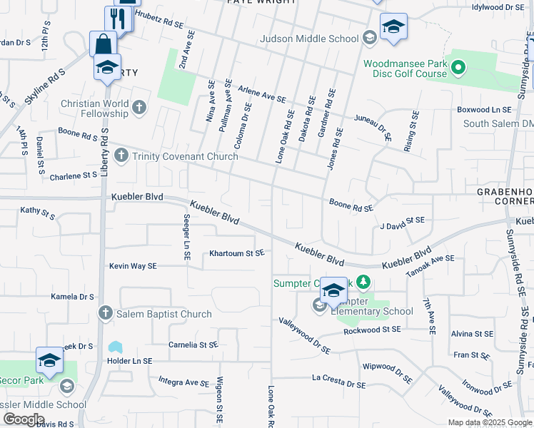 map of restaurants, bars, coffee shops, grocery stores, and more near 5075 Lone Oak Road Southeast in Salem