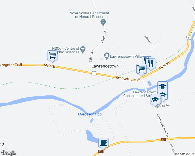 map of restaurants, bars, coffee shops, grocery stores, and more near 600 Main Street in Lawrencetown
