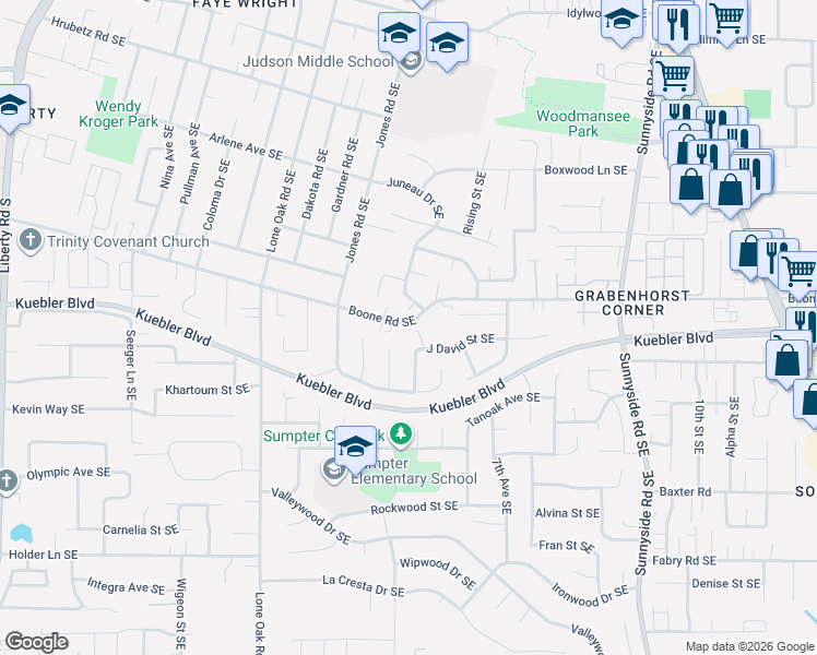 map of restaurants, bars, coffee shops, grocery stores, and more near 5111 Cecilia Street Southeast in Salem