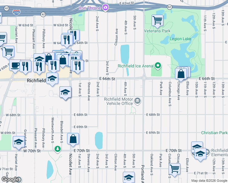 map of restaurants, bars, coffee shops, grocery stores, and more near 6701 Clinton Avenue in Richfield