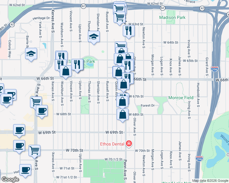 map of restaurants, bars, coffee shops, grocery stores, and more near 6704 Queen Avenue South in Minneapolis