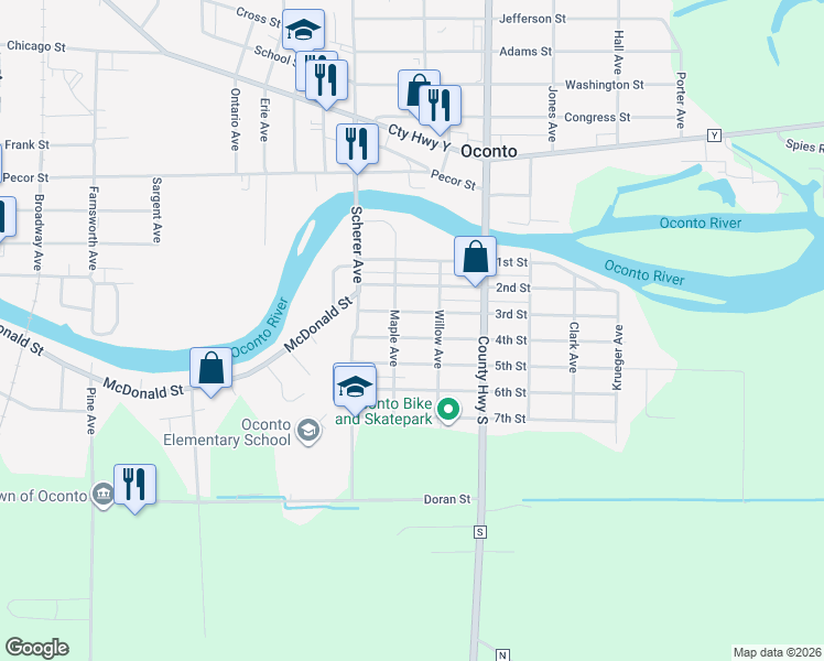 map of restaurants, bars, coffee shops, grocery stores, and more near 229 3rd Street in Oconto