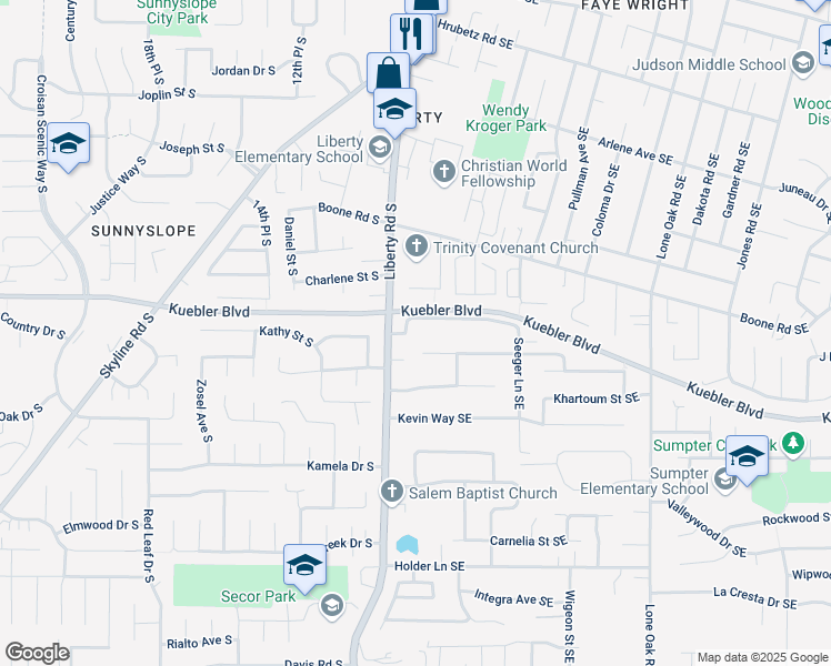 map of restaurants, bars, coffee shops, grocery stores, and more near 5030 Cumberland Court Southeast in Salem