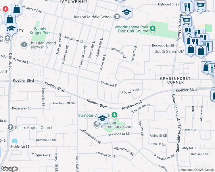 map of restaurants, bars, coffee shops, grocery stores, and more near 550 Boone Road Southeast in Salem