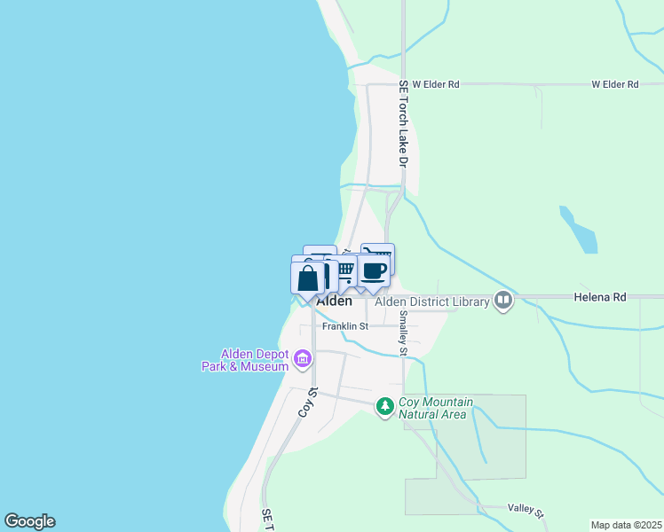 map of restaurants, bars, coffee shops, grocery stores, and more near 10396 North Lake Street in Alden