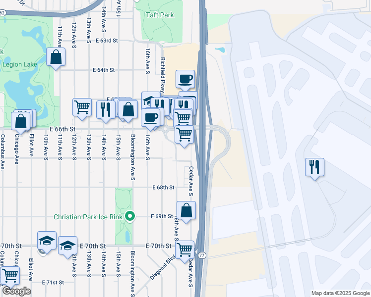 map of restaurants, bars, coffee shops, grocery stores, and more near 6609 18th Avenue South in Richfield