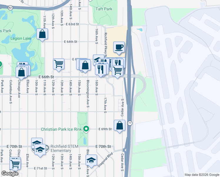 map of restaurants, bars, coffee shops, grocery stores, and more near 6630 Richfield Parkway in Richfield