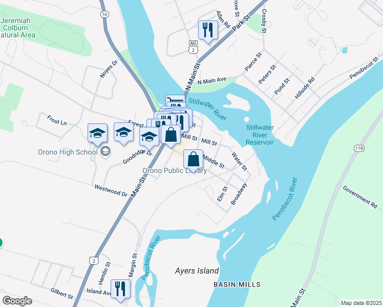 map of restaurants, bars, coffee shops, grocery stores, and more near 67 Mill Street in Orono